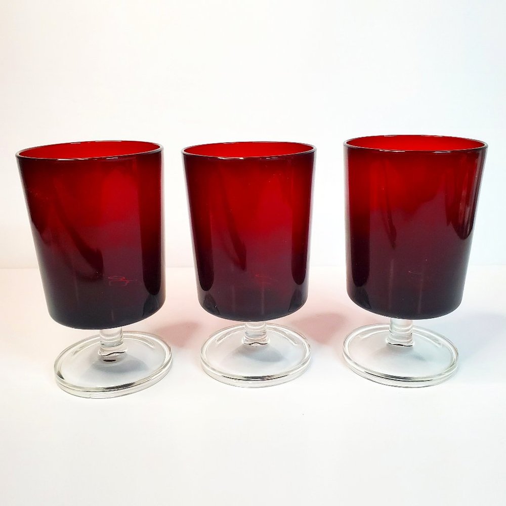 3 Vintage Ruby Red Clear Footed Wine Water Goblet Glass France